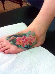 Pink Orchid Foot Tattoo