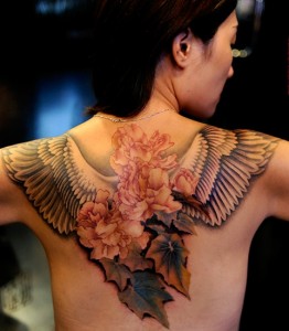 Angle Wings and Flowers Tattoo