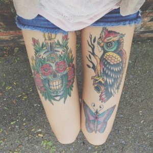 Skull and Owl Tattoo on Girl Thigh