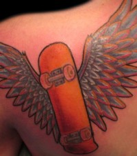 Flying skateboard tattoo with wings